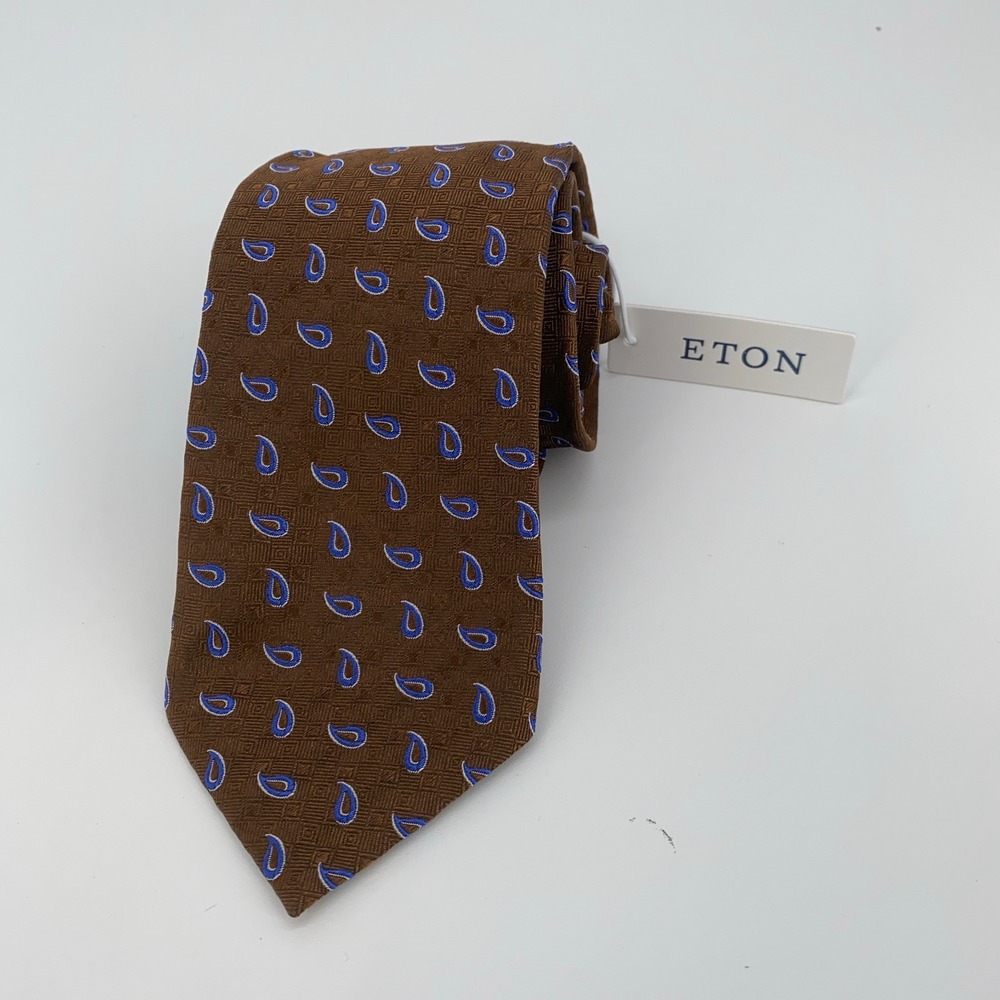 Eton Tie‎ Mens One Size Brown Paisley Silk Professional Necktie Italy Made NWT